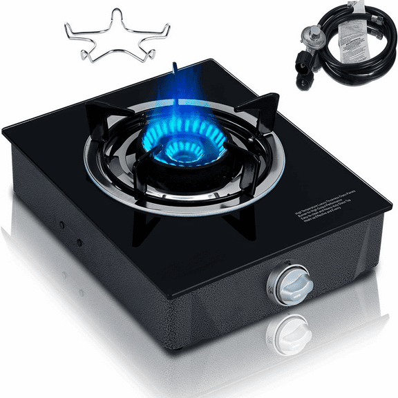 Propane Burner, Single Burner Propane Stove 15,000 BTU, Gas Stove Auto Ignition, Thickened High-temperature Glass, Easy to Clean, LPG for Outdoor Cooking, RV, Emergency