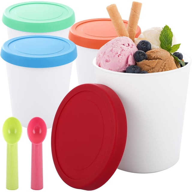 4 Pack Ice Cream Containers, 1 Quart Freezer Storage Containers with Silicone Lids and Spoon for Ice Cream, Sorbet and Gelato, Freezer Dishwasher Safe