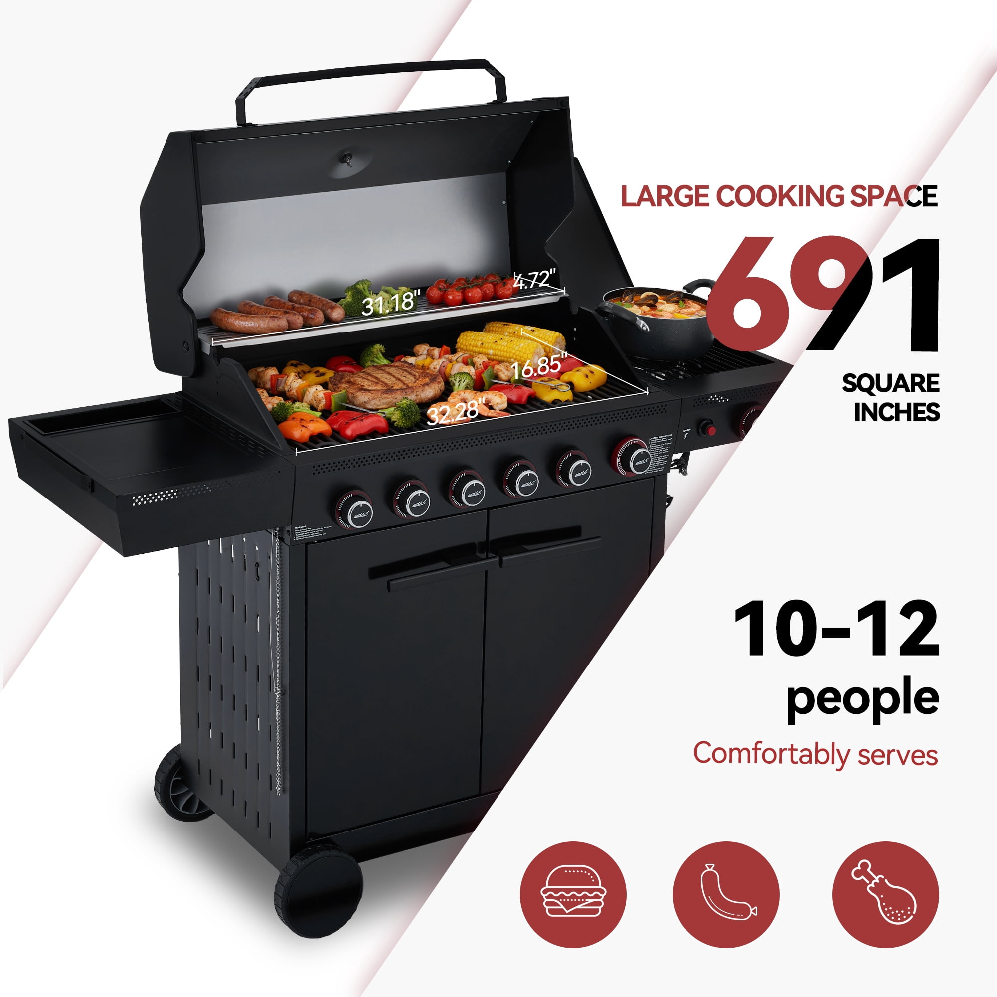Royal Gourmet GE6001H 6-Burner Gas Grill, with Side Burner, 72,000 BTU, 691 Sq.for Outdoor Grilling and Backyard Cooking, Black