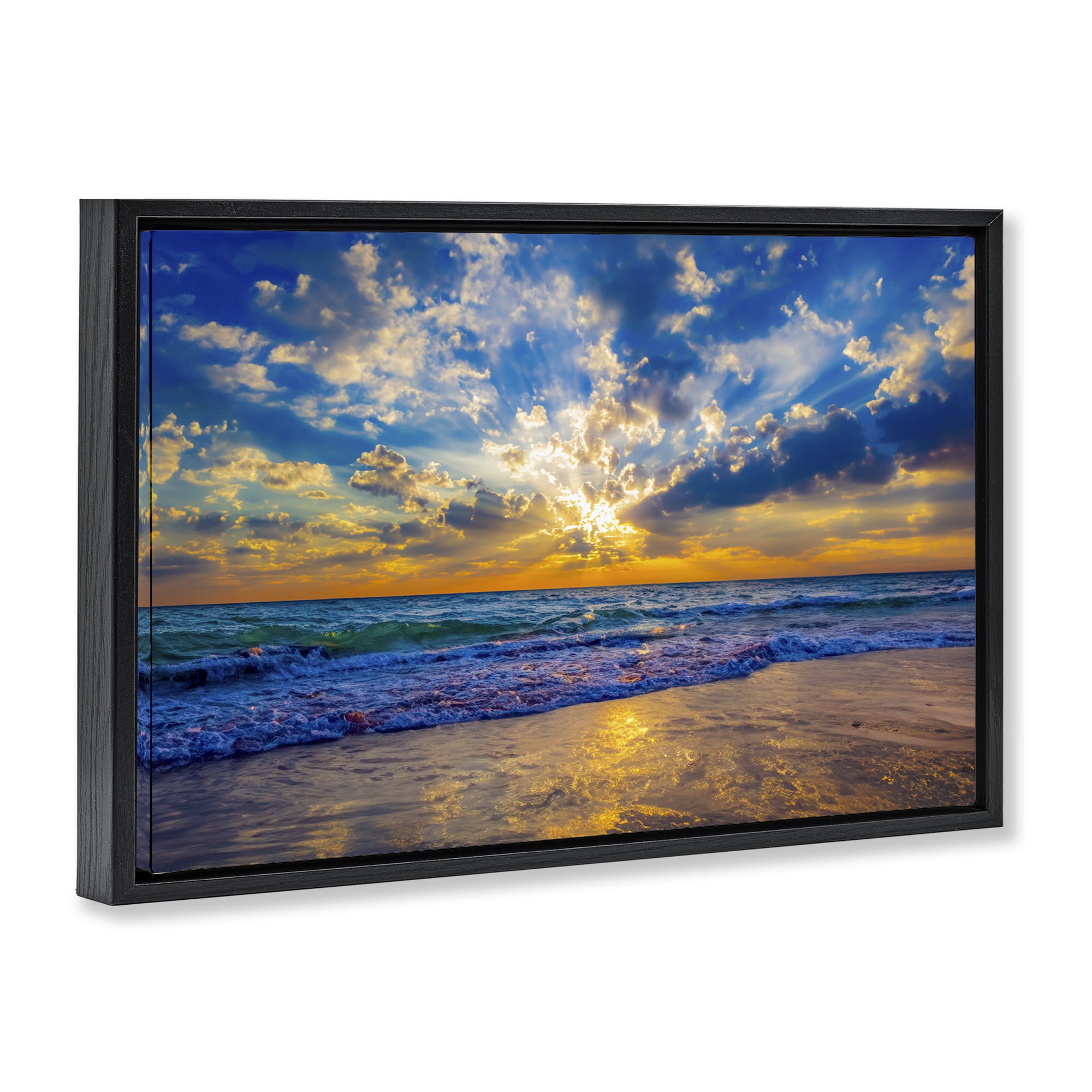 Stupell Industries Golden Blue Sun Ray On Beach Black Framed Floater Canvas Wall Art, design by Eszra Tanner