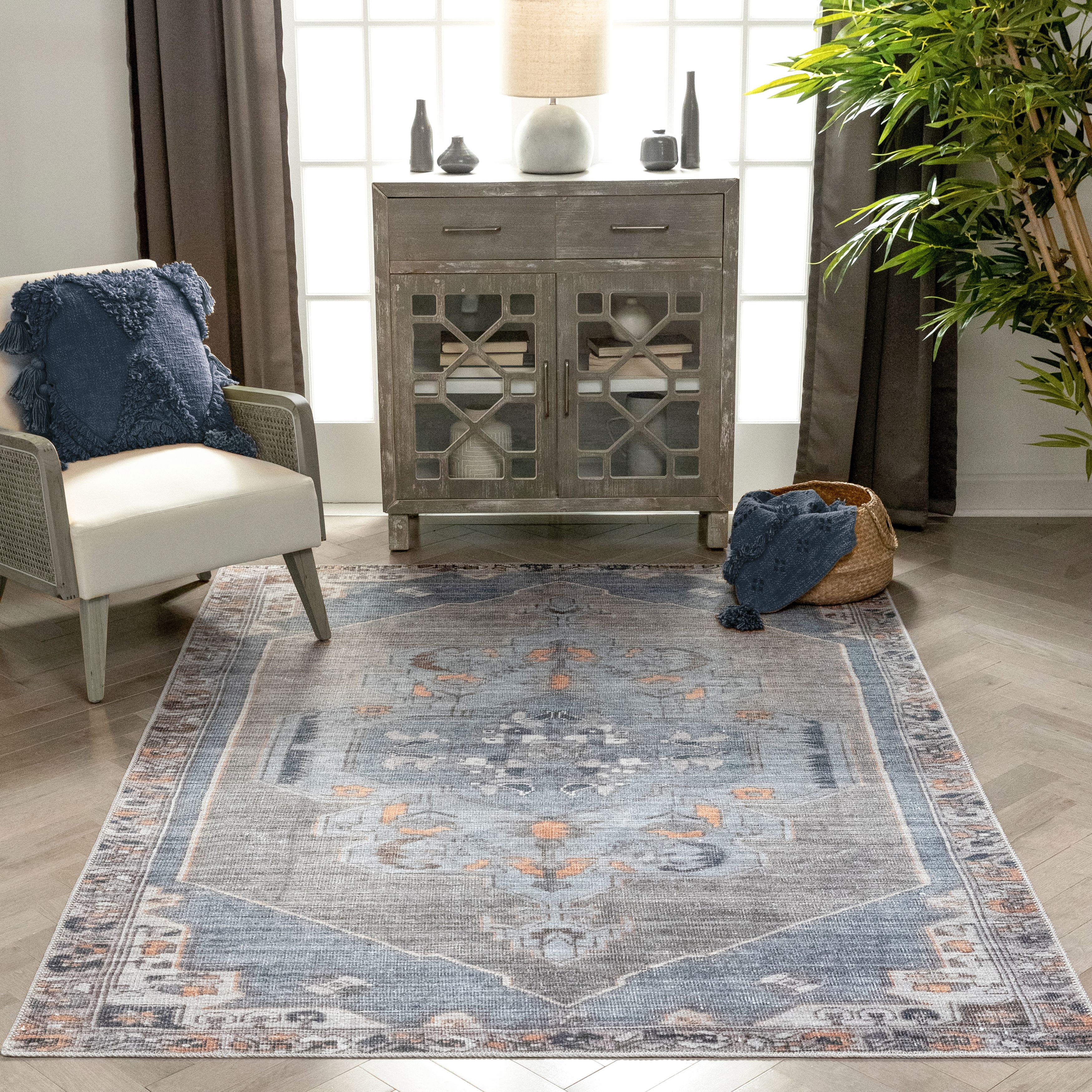 Well Woven Lotus Cambria Light Blue Vintage Medallion Oriental 5'3" x 7'3" Machine Washable Flat-Weave Area Rug
