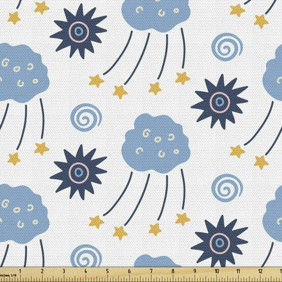 Fantasy World Fabric by the Yard, Doodle Astronomy Clouds Swirls and Stars, Decorative Upholstery Fabric for Chairs & Home Accents, 5 Yards, Slate Blue Apricot by Ambesonne