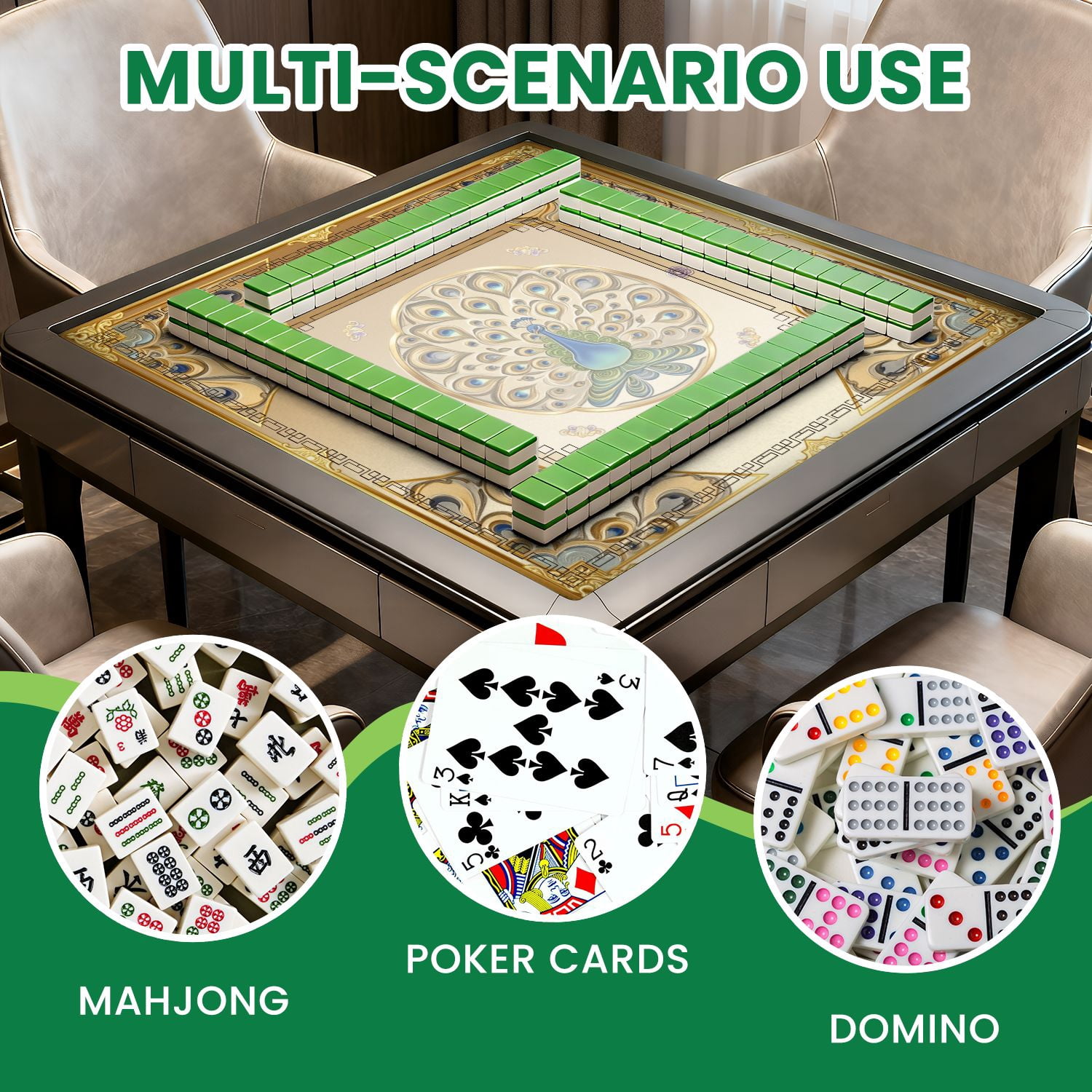 Mahjong Mat 31.5" x 31.5" Ornate Peacock Gold Embellished Feathers Decorative Floral Corners Non-Slip Noise Reduction American Mahjong Tiles Table Cover for Dominoes Poker Card Board Games Gift