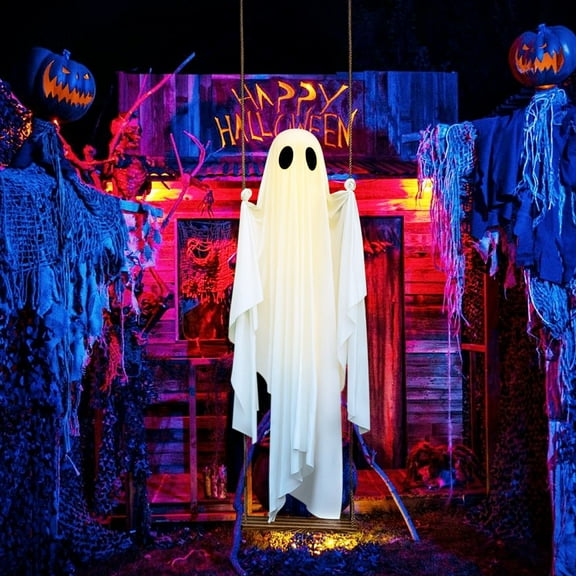 XMMSWDLA 5FT Large Hanging Ghost Swing Halloween Decorations - Remote Control String Lights ,Spooky Cute Ghosts for Porch/Yard/Tree (Outdoor Decorations, Halloween Decor Indoor/Outdoor, Ghost Decor)