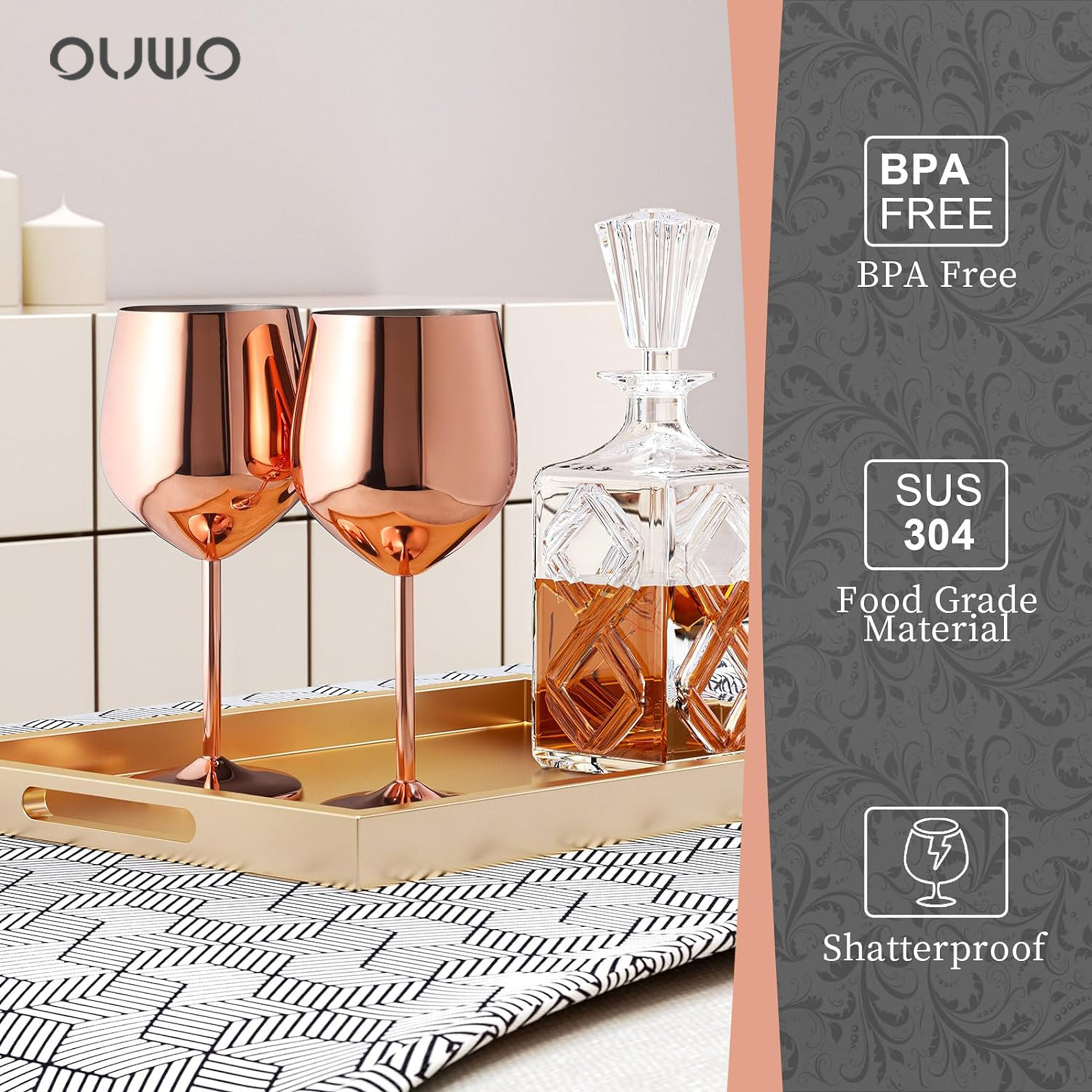 2 Pcs Rosegold 18oz Stainless Steel Wine Glasses, 18oz Unbreakable Metal Wine Glass