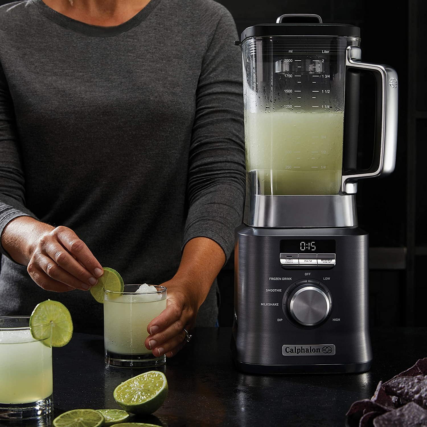 Calphalon Auto-Speed 2-Liter Blender with Blend-N-Go Smoothie Cup, Dark Stainless Steel