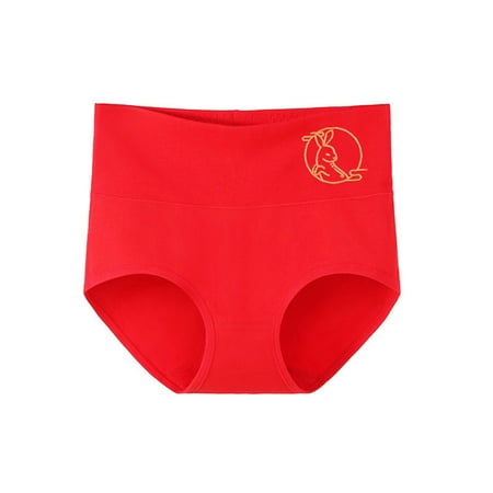 

opvise Women Underpants Red Pure Cotton High Waist Blessing Print Breathable Anti-septic Soft A 2XL