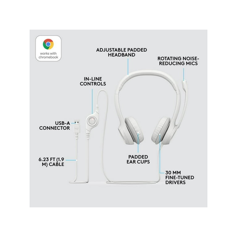 Logitech H390 Wired Headset for PC Laptop Stereo Headphones with Noise Cancelling Microphone USB A In Line Controls White