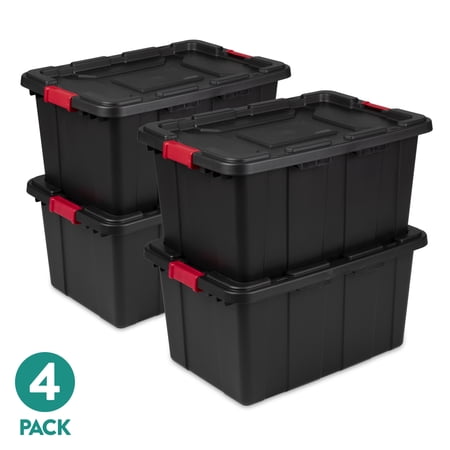 Sterilite Large Industrial Storage Bin, 27 Gallon Durable Plastic Storage Tote with Latching Lid and Integrated Handles, Black, 4 Pack