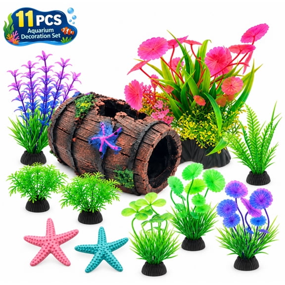 11-Piece Fish Tank Accessories, Barrel Theme Fish Tank Decor with Aquarium Plants and Starfish, Aquarium Decor Set, Colorful Fish Tank Decorations for Freshwater and Saltwater Aquariums