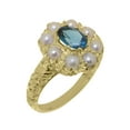 thumbnail image 1 of LBG British Made 10k Yellow Gold Natural London Blue Topaz & Cultured Pearl Womens Statement Ring - 33 size options - Size 10, 1 of 8