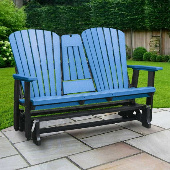 Glider Bench with Table & Cup Holders - Dual Seat Fan Back Patio Furniture, Blue/Black