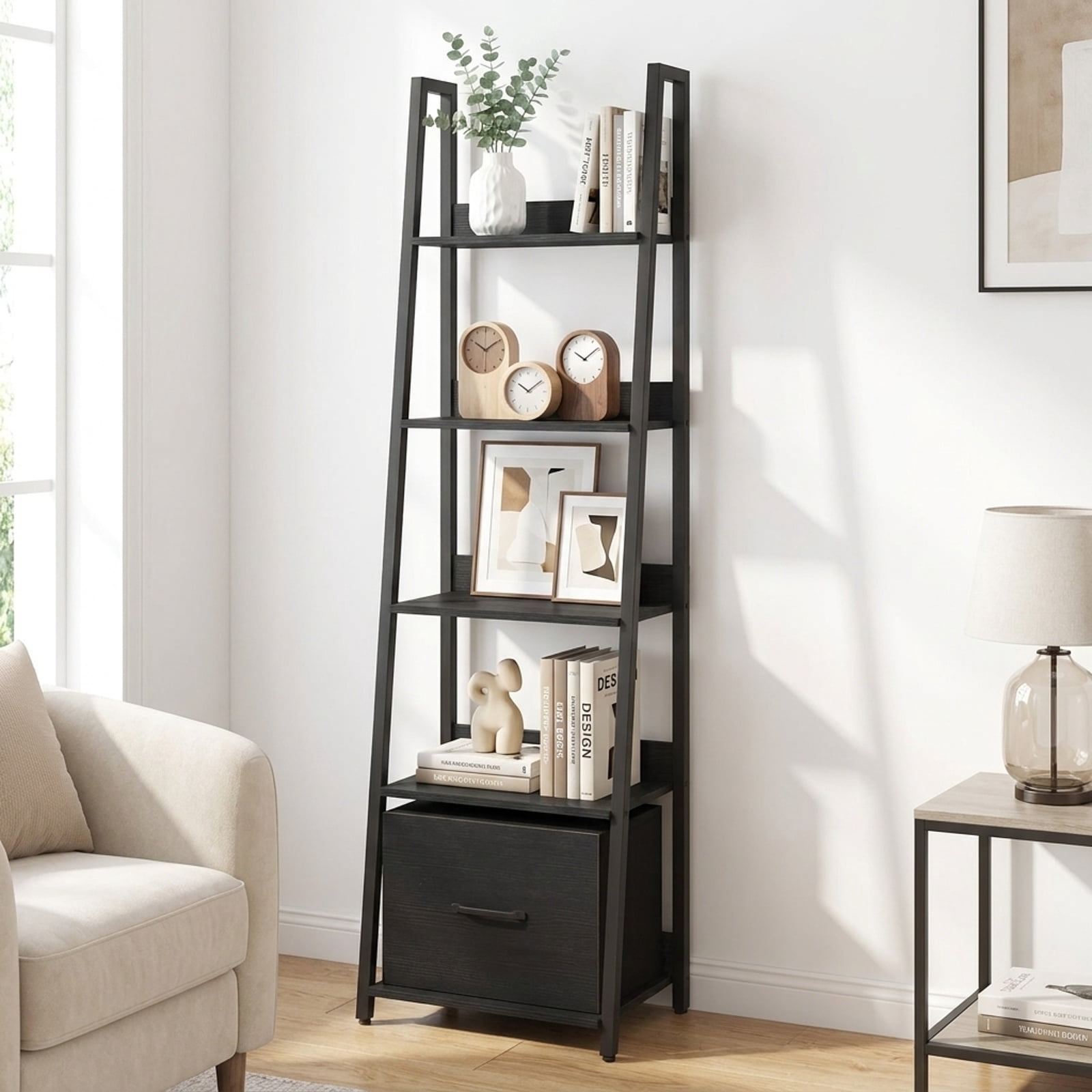 Furnibear 5-Tier Ladder Bookshelf with Fabric Drawer for Living Room and Home Office for Living Room Home Office Bedroom Display Storage Shelf, Black