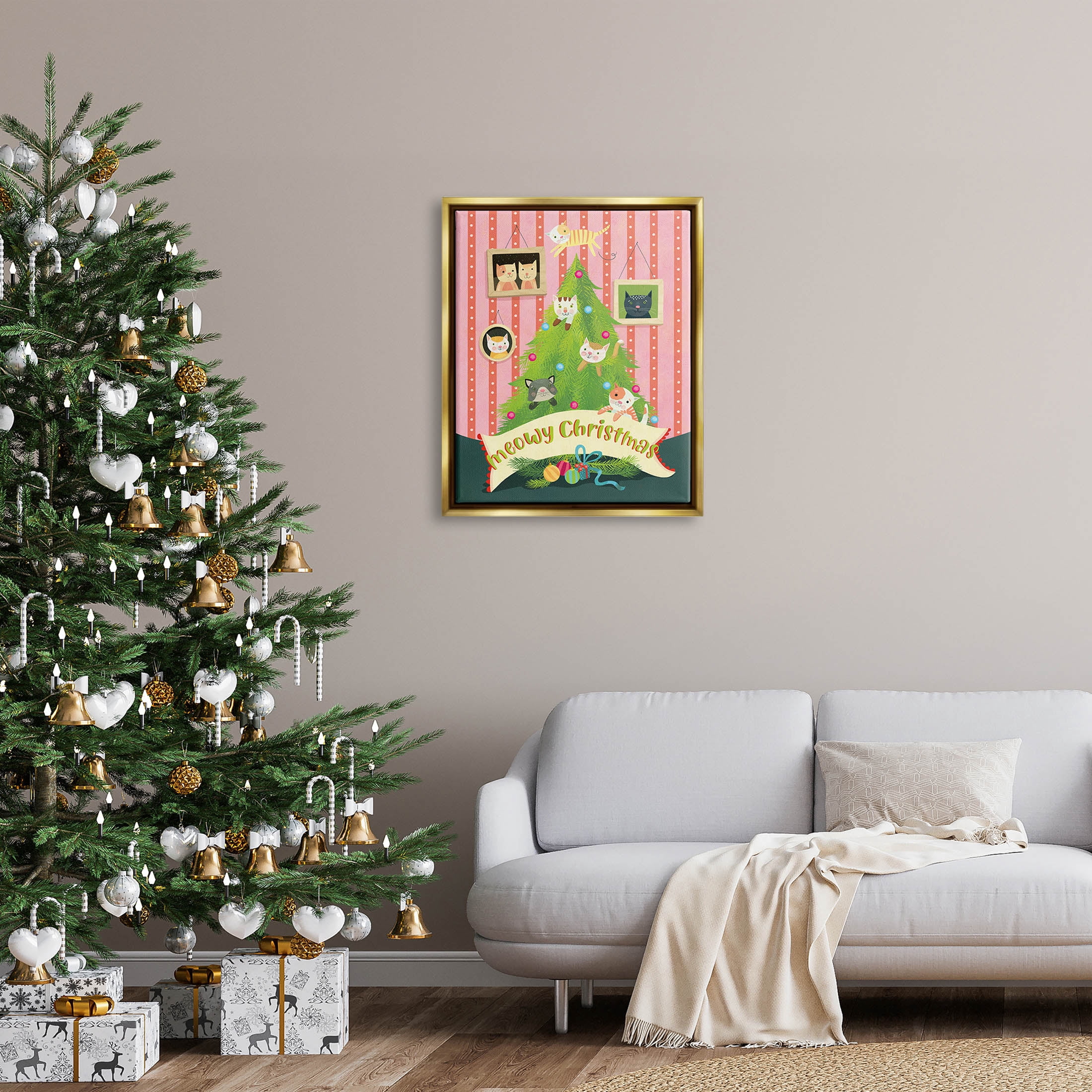 Meowy Christmas Cat Tree Holiday Graphic Art Metallic Gold Framed Art Print Wall Art