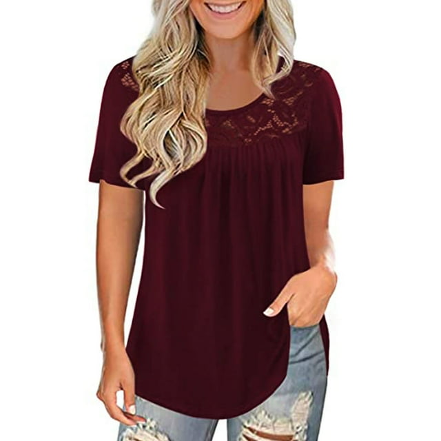 Pompotops Women Fashion Lace Solid Splicing O-Neck Short Sleeve T-Shirt Blouse Tops