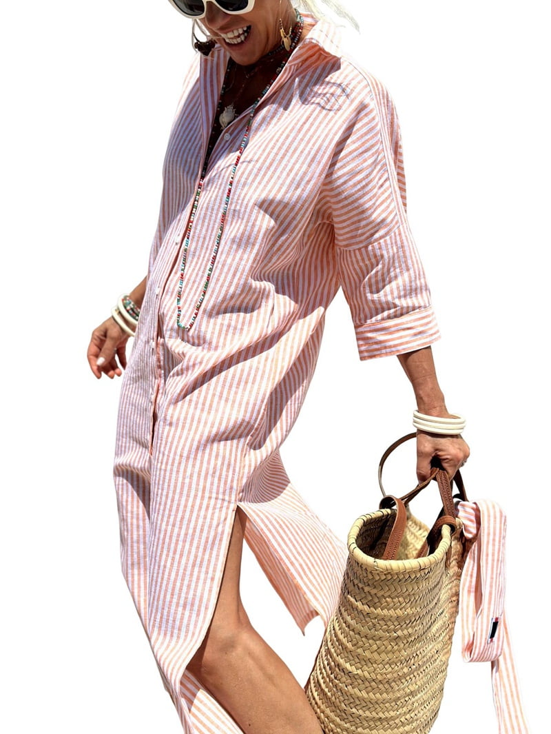 Women'S Shirt Dress Casual Lapel 3/4 Sleeve Button-Down Collar Slit Tie Resort Maxi Dress Pink XL