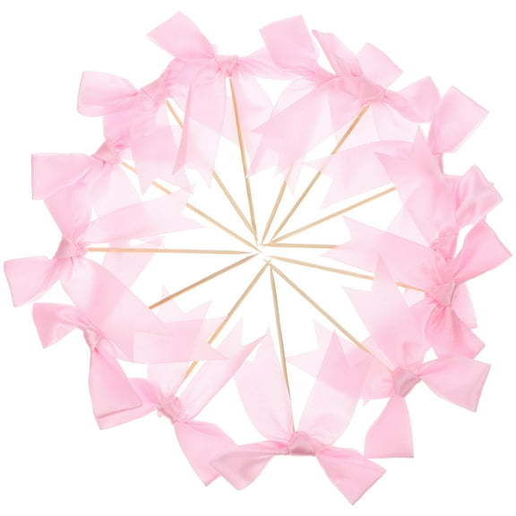 BESTYASH 20pcs Bow Shape Cake Decorations Bowknot Picks Polyester Pink For Desserts