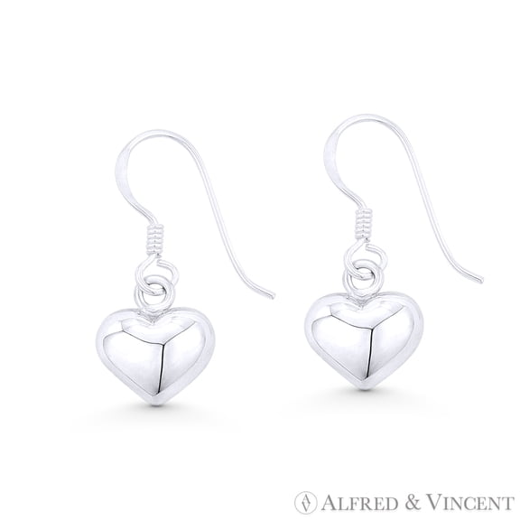 Puffed Hollow Heart 24x10mm Dangling Hook Earrings in .925 Sterling Silver