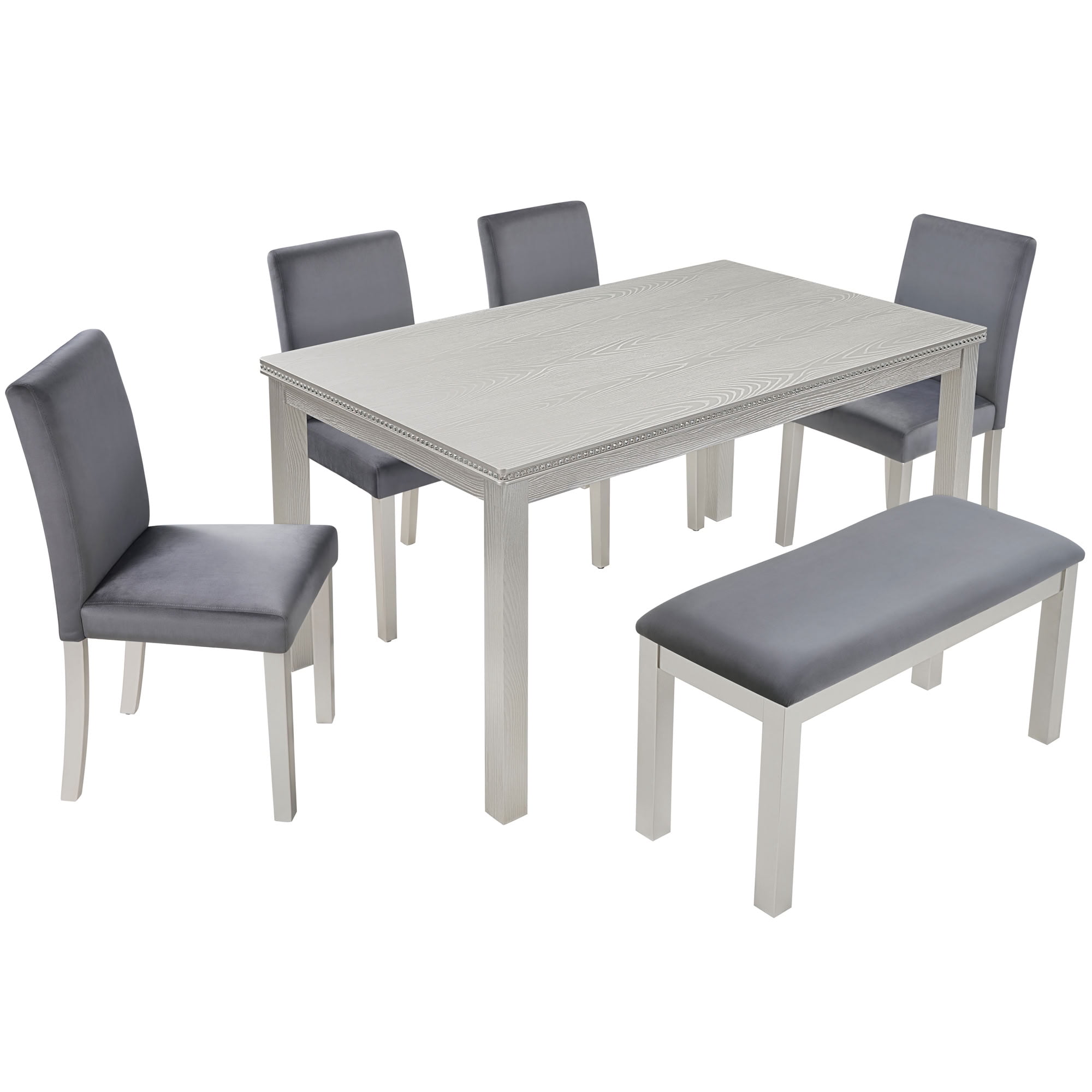 MAYEERTY 6-Piece Dining Table Set, Modern Wooden Dining Set for 6 with 4 Upholstered Chairs and Bench for Kitchen Dining Room, Silver Grey