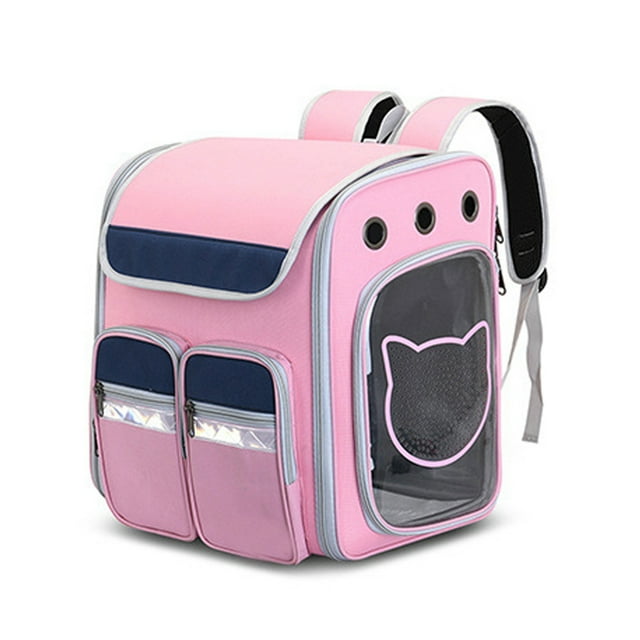 Mochila para mascotas, correa de hombro ajustable transpirable, bolsa portamascotas pequeña plegable para viajes de perros y gatos, rosa, sin barra de tracción