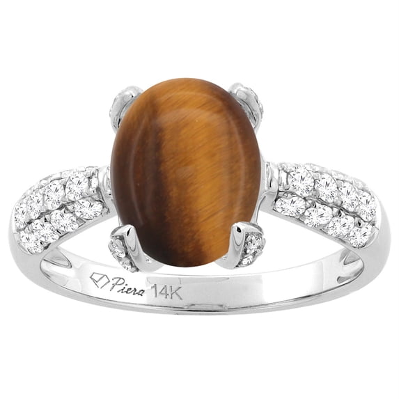 14K White Gold Natural Tiger Eye Engagement Ring Oval 16x12 mm & Diamond Accents, size 8