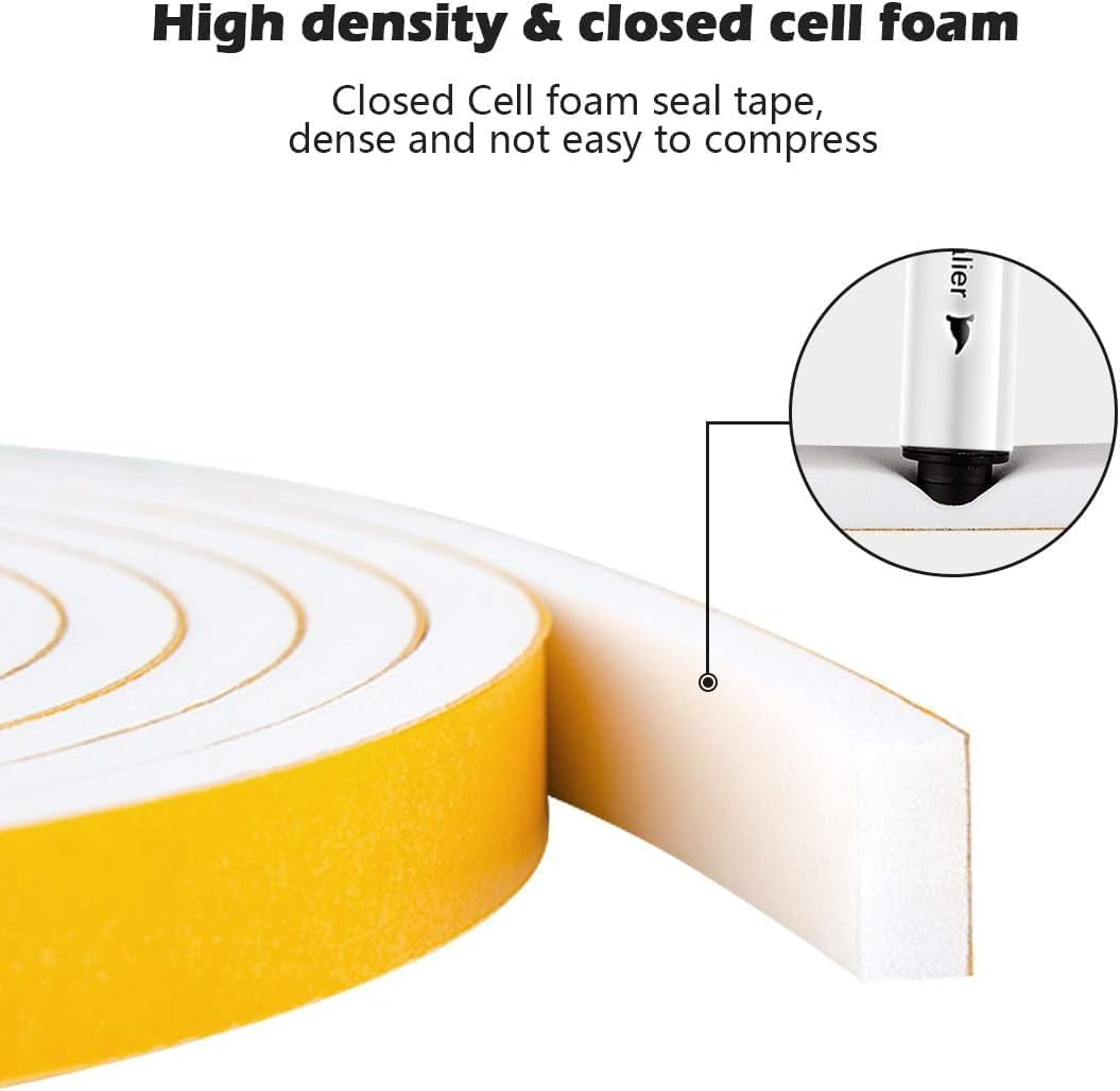 White Door Window Weather Stripping Self Adhesive Foam Tape High Density Foam Sealing Strip Window Insulation Weatherproof Gasket Tape 1" Wide X 1/4" Thick, 16.5 Ft X 2 Rolls, Total 33 Feet
