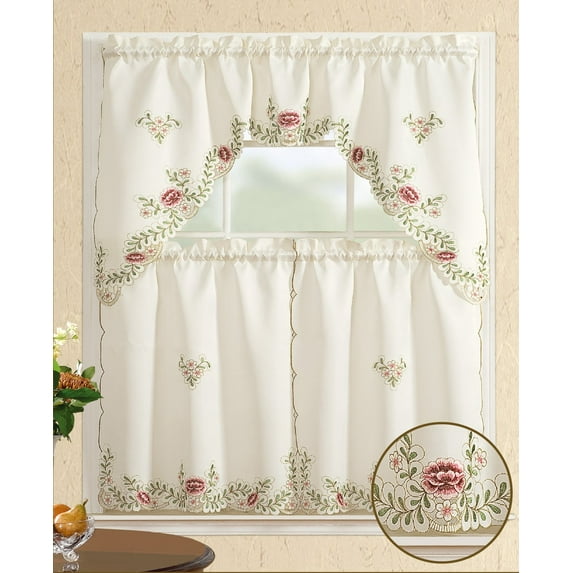 All American Collection Modern Embroidered 3pc Kitchen Curtain Set With Swag Valance