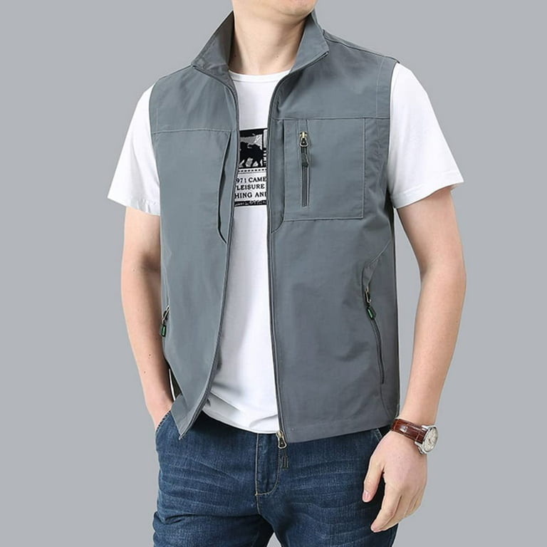 Haorun Men Stand Collar Cargo Vest Breathable Sleeveless Utility Jacket Fishing Waistcoat with Multi Pockets, Men's, Size: Large (US XS), Gray