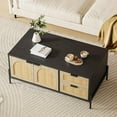 thumbnail image 1 of YUSAZENS Mid-Century LED Rattan Rectangle Coffee Table, Black Oak Frame, 2 Drawers & 2 Arched Cabinets, Open Shelf, for Living Room, Apartment, Farmhouse, 1 of 6