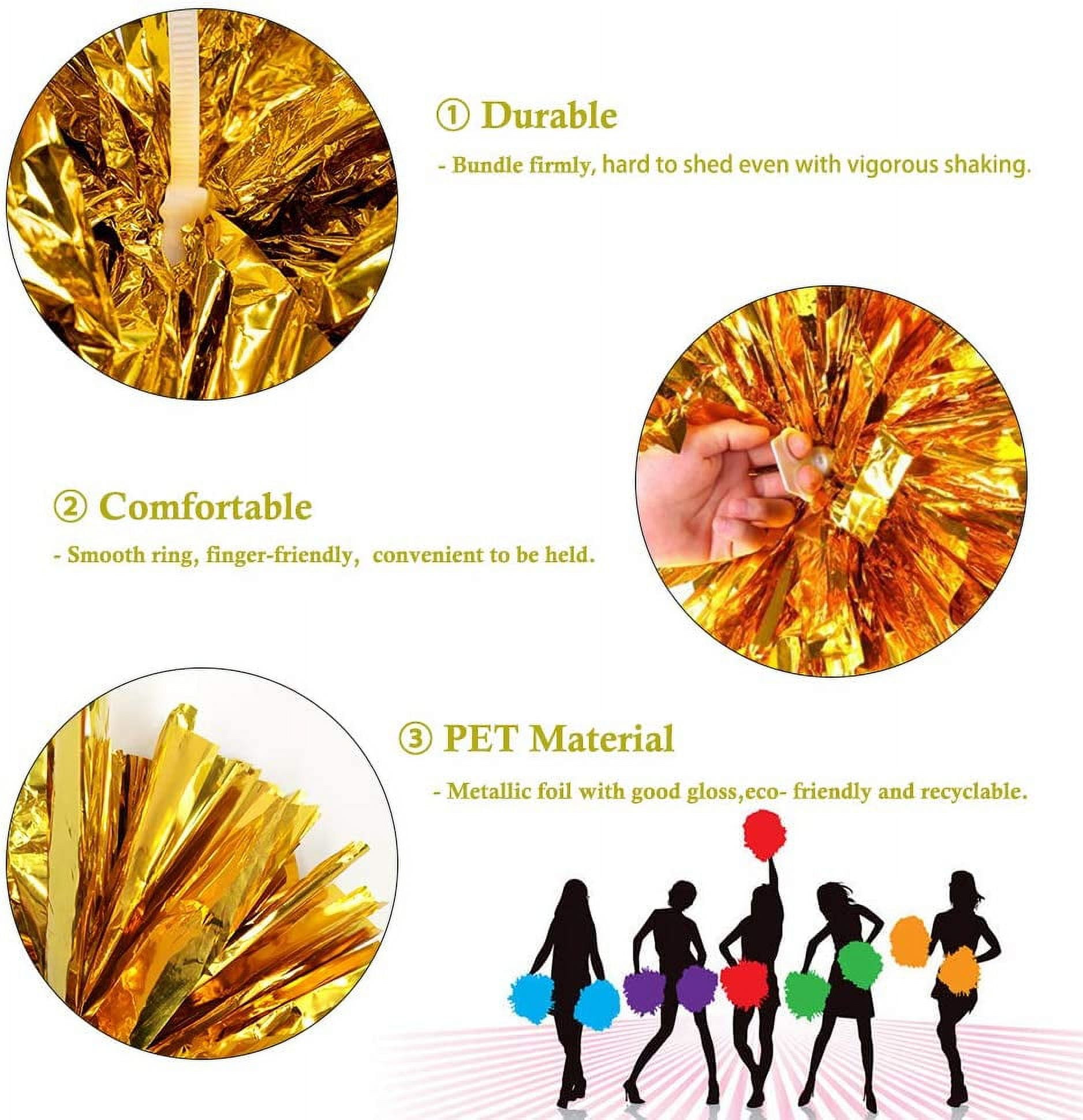 LINLIN 4Pcs Metallic Foil Cheerleading Pom Poms, Premium Cheerleader Pompoms Kit, Cheering Hand Flowers for Sports Cheers Ball Game Dance Fancy Dress Night Party - 6 Inches