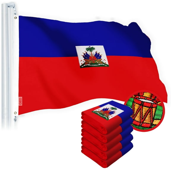 G128 5 Pack: Haiti Haitian Flag | 2x3 Ft | StormFlyer Series Embroidered 220GSM Spun Polyester | Country Flag, Embroidered Design, Indoor/Outdoor, Brass Grommets, Heavy Duty, All Weather