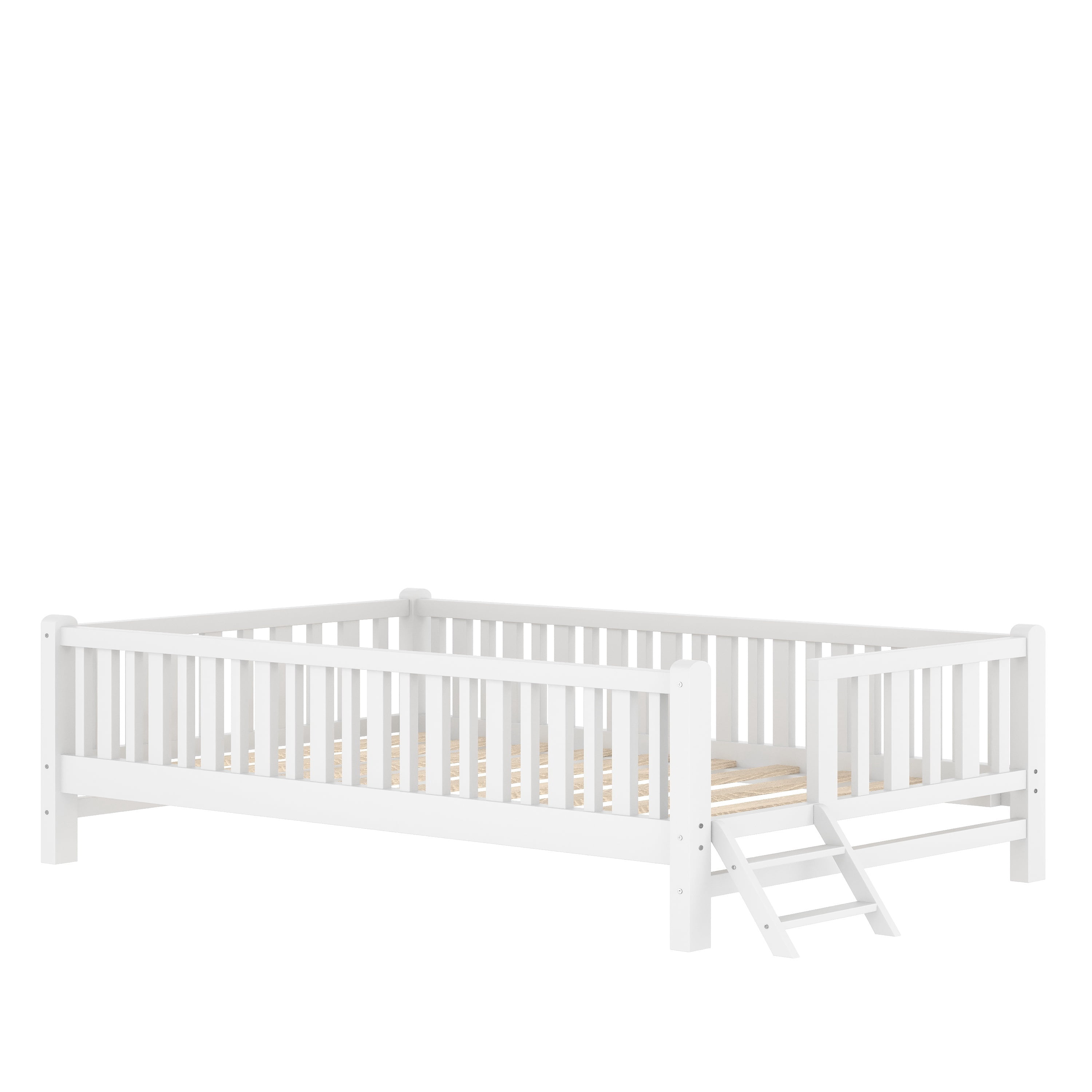 Euroco Wood Twin Size Platform Bed with Guardrail, White