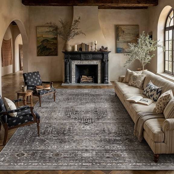 BERTHMEER 8'x10' Area Rugs for Living Room Bedroom Vintage Brown Carpets Kitchen Office Machine Washable Farmhouse Dining Room Oriental Rugs Non Slip Traditional Distressed Rugs