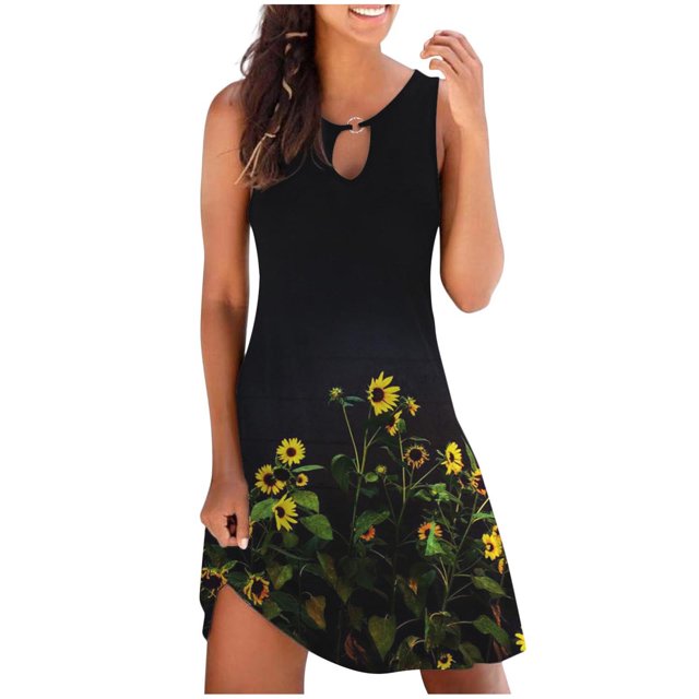 RXIRUCGD Robes Décontractées pour Femmes Robe d'Été Ample Imprimée Florale Sans Manches Robe de Plage