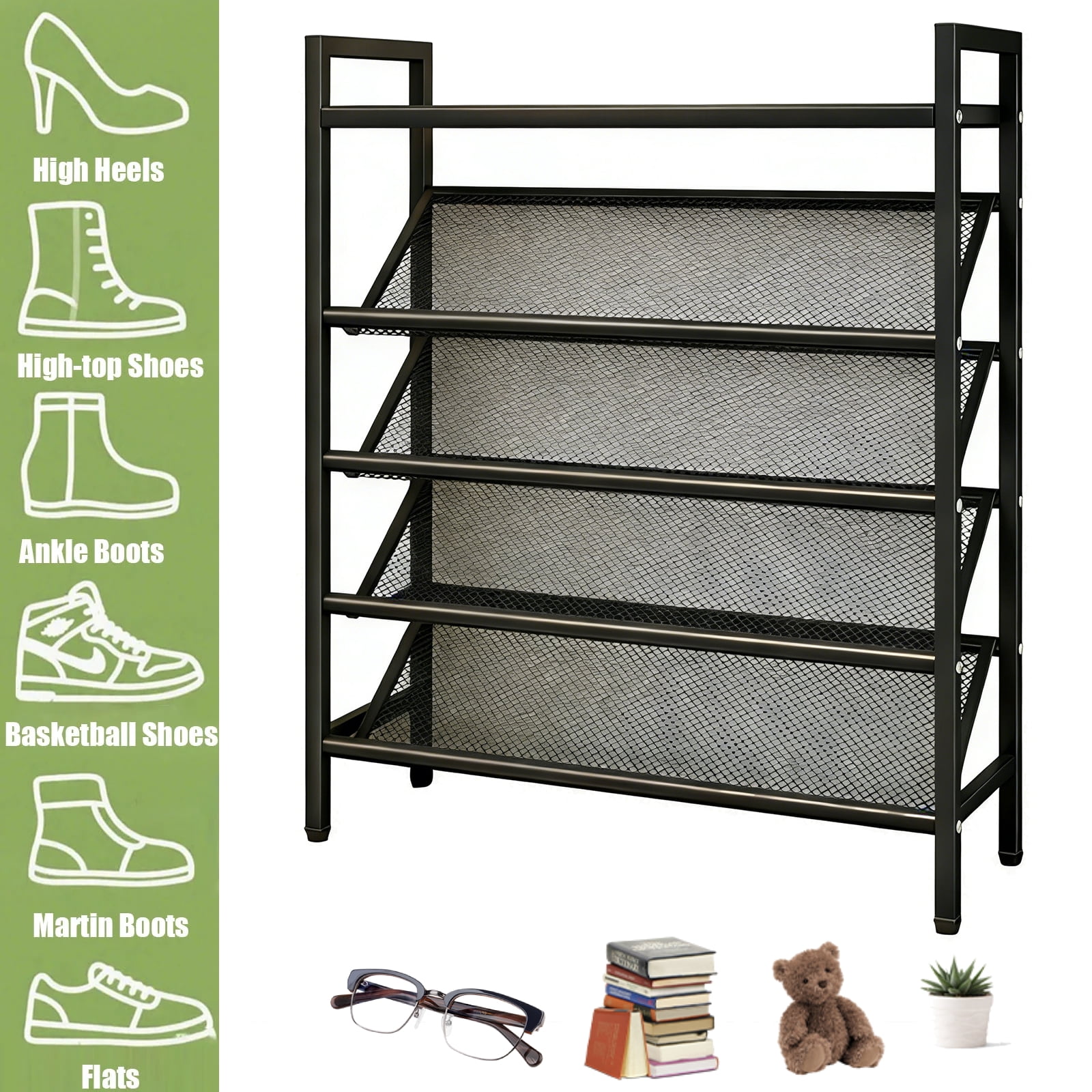 SHegdu Metal Shoe Racks,5-Tier Vertical Narrow Slanted Storage Shelf 25-30 Shoes for Bags Magazine Jewelry Display (Black, 35 inch)