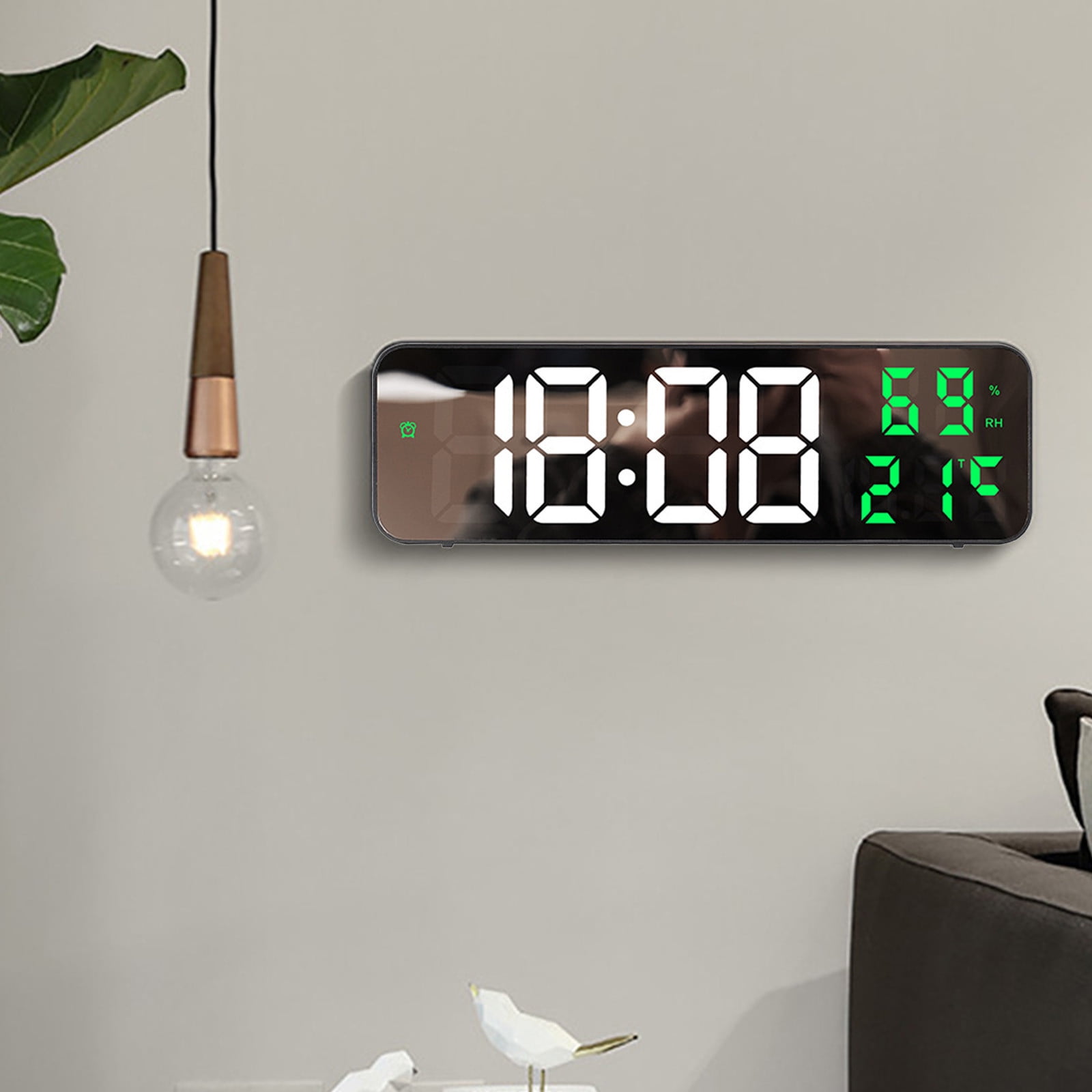Iuhan LED Wall Clock, Large Digital Mirror Display with Temperature Date Humidity, Adjustable Brightness Alarm Clock for Home Office Bedroom Decor