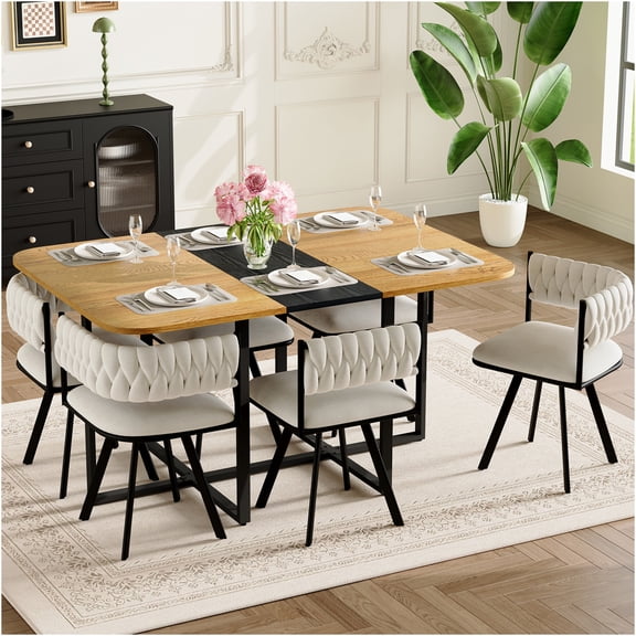 JERFIT 6-Person Dining Table Set with Chairs, Modern Rectangular Kitchen Table in Wood & Black with Beige Velvet Upholstery, Complete 7-Pc Set for Small Space & Apartment