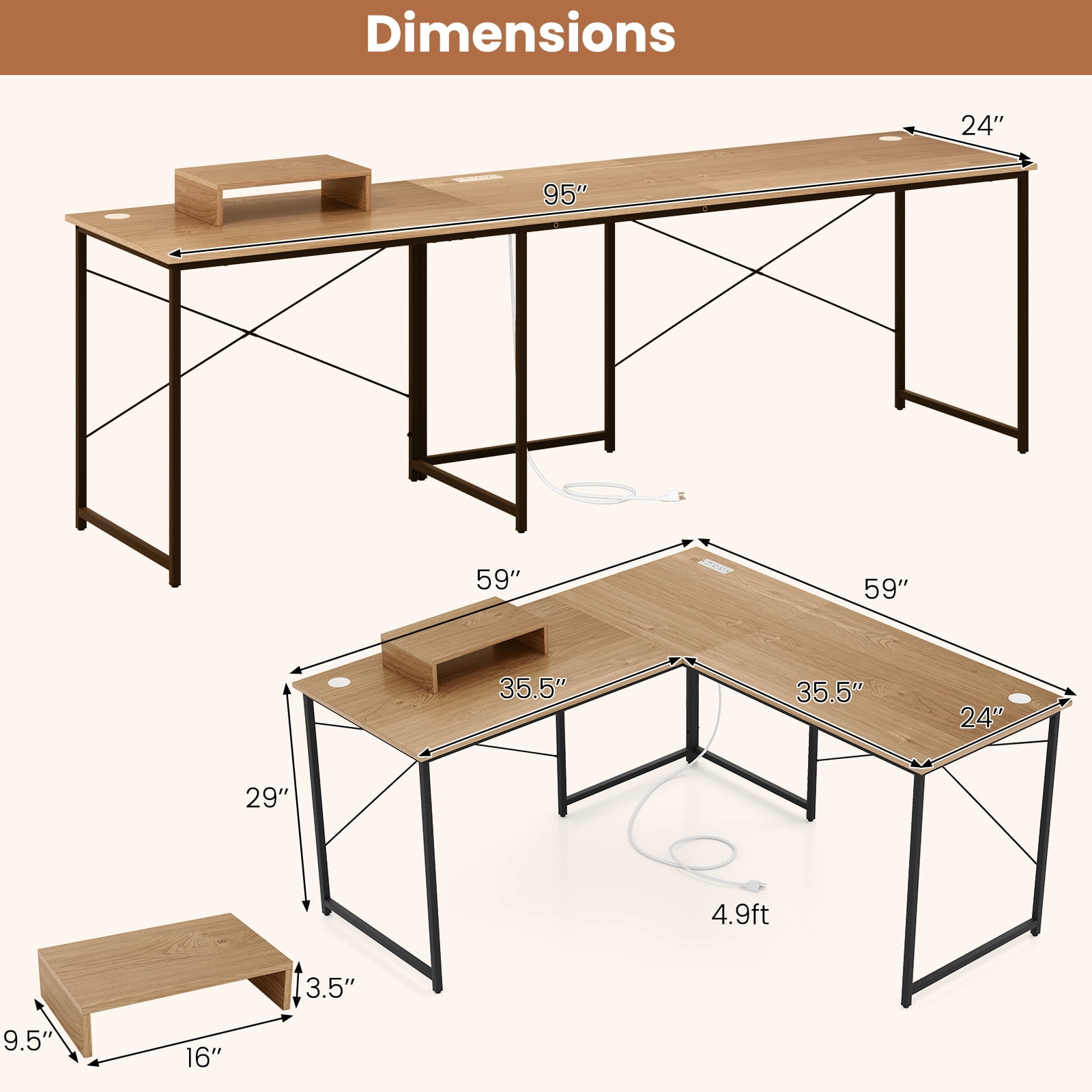 Gymax L-Shaped Reversible Computer Desk 2-Person Long Table w/Monitor Stand Natural