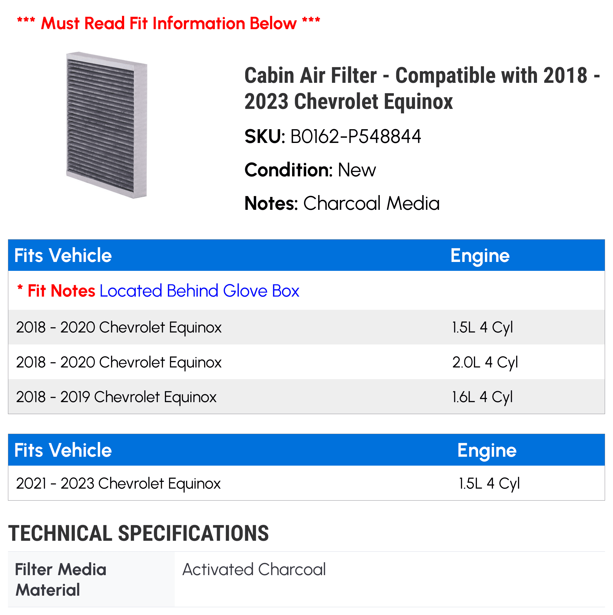 Cabin Air Filter - Compatible with 2018 - 2023 Chevy Equinox 2019 2020 2021 2022