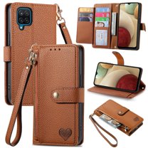 Wallet Case for Samsung Galaxy A12 5G Women Men, Durable PU Leather Magnetic Flip Lanyard Strap Wristlet Zipper Card Holder Kickstand Wallet Phone Case Cover Full Body Protection, Brown