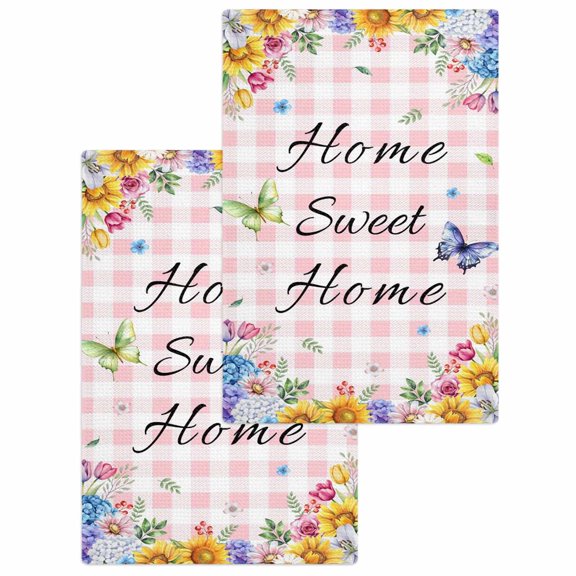 Spring Wildflowers Kitchen Dish Towels for Drying Dishes Set of 2, Watercolor Floral Butterflies Pink Plaid Waffle Weave Microfiber Hand Tea Bathroom Towels Quick Dry & Absorbent Towel 15.7x23.6