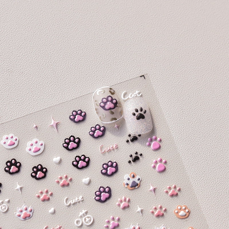 Cute Jelly Pink Cat Paw Print Nail Sticker Kawaii Pink Black Cat Claw 5D Embossed Self-Adhesive Nail Art Sticker Nail Art Decal