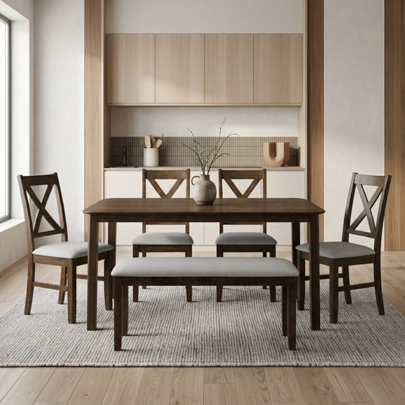 Home Design Vinita 6-Piece Dining Set with Rectangular Table, Cross Back Chairs, and Bench, Brown