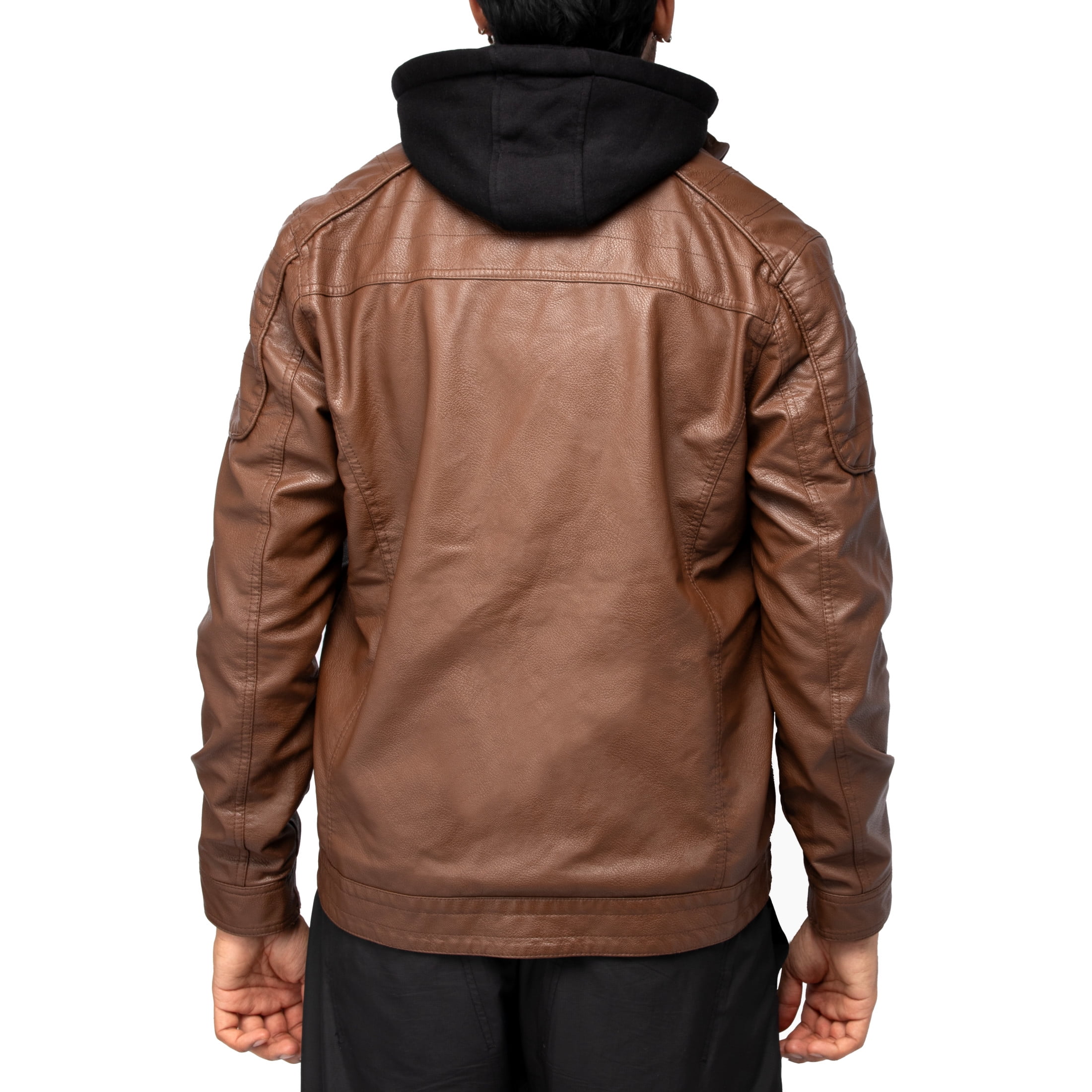 X RAY Jeans Mens Grainy PU Leather Hooded Jacket with Faux