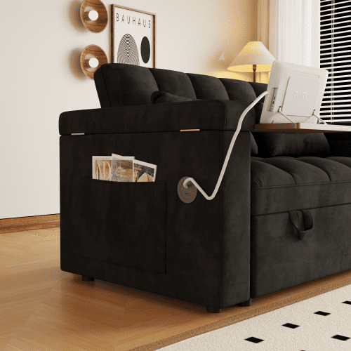 65" Compact 3-in-1 Sofa Bed, Pull-Out Loveseat Sleeper with Built-in USB Ports, Side Table & Storage Arms, Velvet Couch for Studios, Home Office & Guests