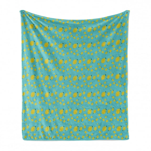 Lemons Soft Flannel Fleece Throw Blanket, Minimalistic Design of Multisize Tiny Lemon Continuous Pattern, Cozy Plush for Indoor and Outdoor Use, 70" x 90", Sky Blue and Yellow, by Ambesonne