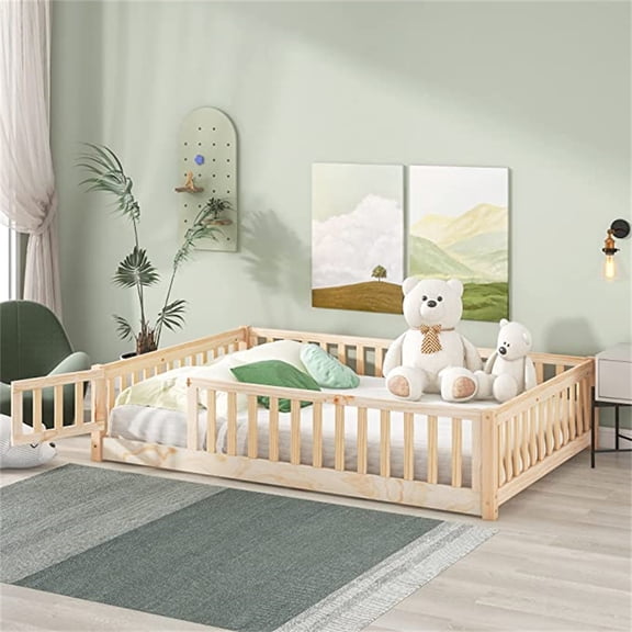 Twin Size Floor Platform Bed for Kids, Montessori Bed Frame with Fence-Shaped Guardrails and Door Solid Wood Platform Bed Frame with 7 Slats Support for Bedroom Playroom No Box Spring Needed, Natural