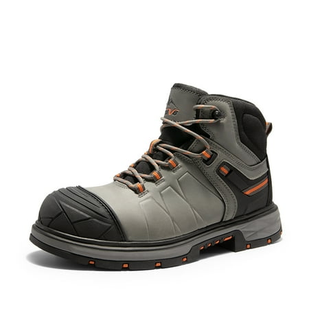 BURUDANI Men s Non-Slip Steel Toe Leather Work Boots Water Resistant Safety Industrial Construction Shoes GREY Size 9.5