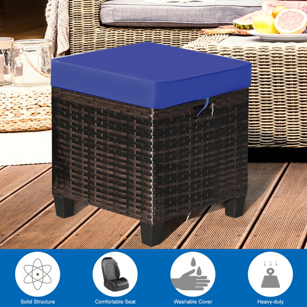 Aimee Lii 2 Pieces Patio Rattan Ottoman Set with Removable Cushions, Outdoor Patio Furniture Set, Navy