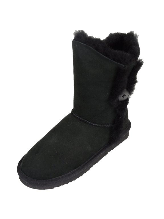 Ladies Genuine Sheepskin Mid Calf Short Boot with Button Design by SNUGRUGS - Black - US 9